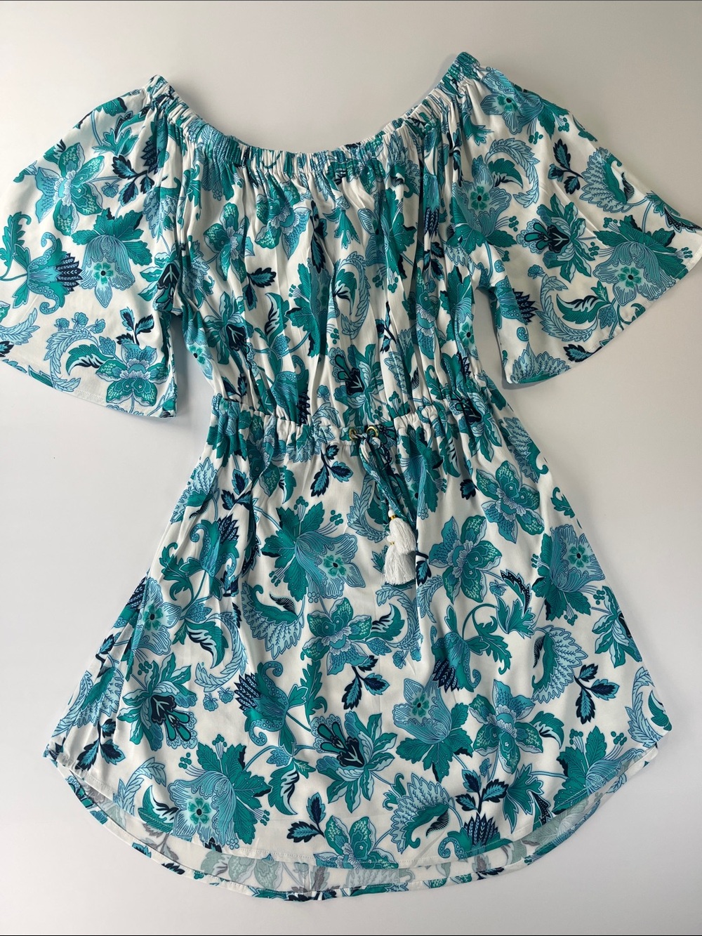 La Blanca Teal Floral Off-Shoulder Cover Up Dress Sz S